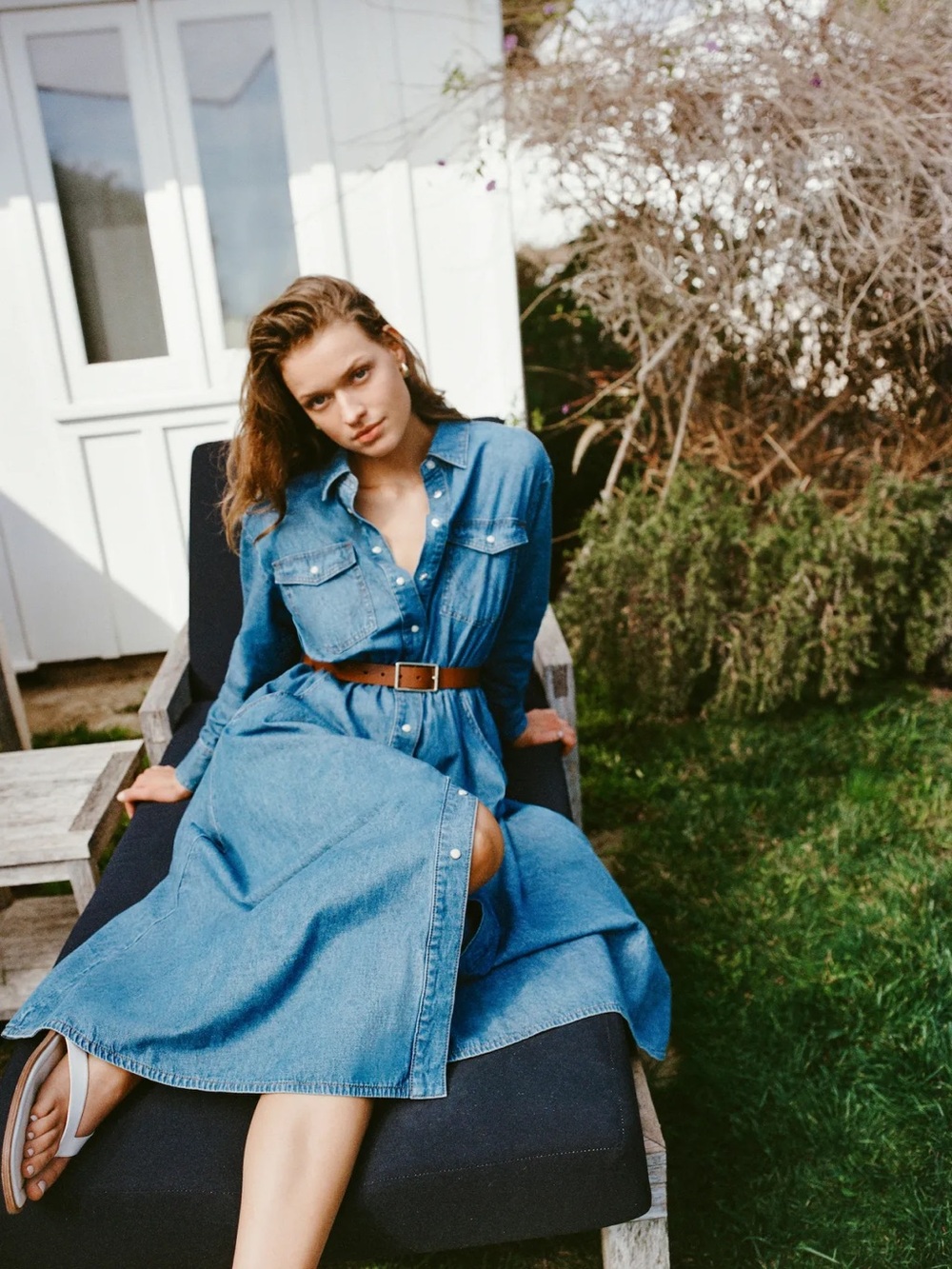 Wrangler + Staud Denim Button-Front Midi Shirt Dress - Picture 1 of 13